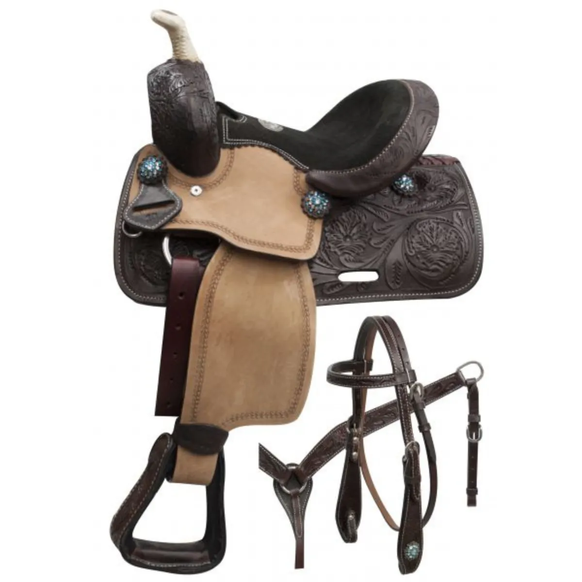 10" DOUBLE T PONY SADDLE SET WITH BLUE CRYSTAL RHINESTONES