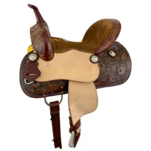 12" DOUBLE T  BROWN SUEDE SEAT BARREL STYLE SADDLE WITH FLORAL TOOLING