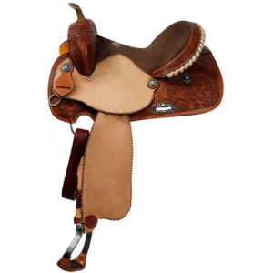 14", 15", 16" DOUBLE T BARREL SADDLE WITH SILVER LACED TAN RAWHIDE CANTLE, DOT BORDER ON ROU