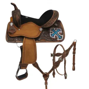 14", 15", 16" DOUBLE T  BARREL STYLE SADDLE SET WITH METALLIC CROSS