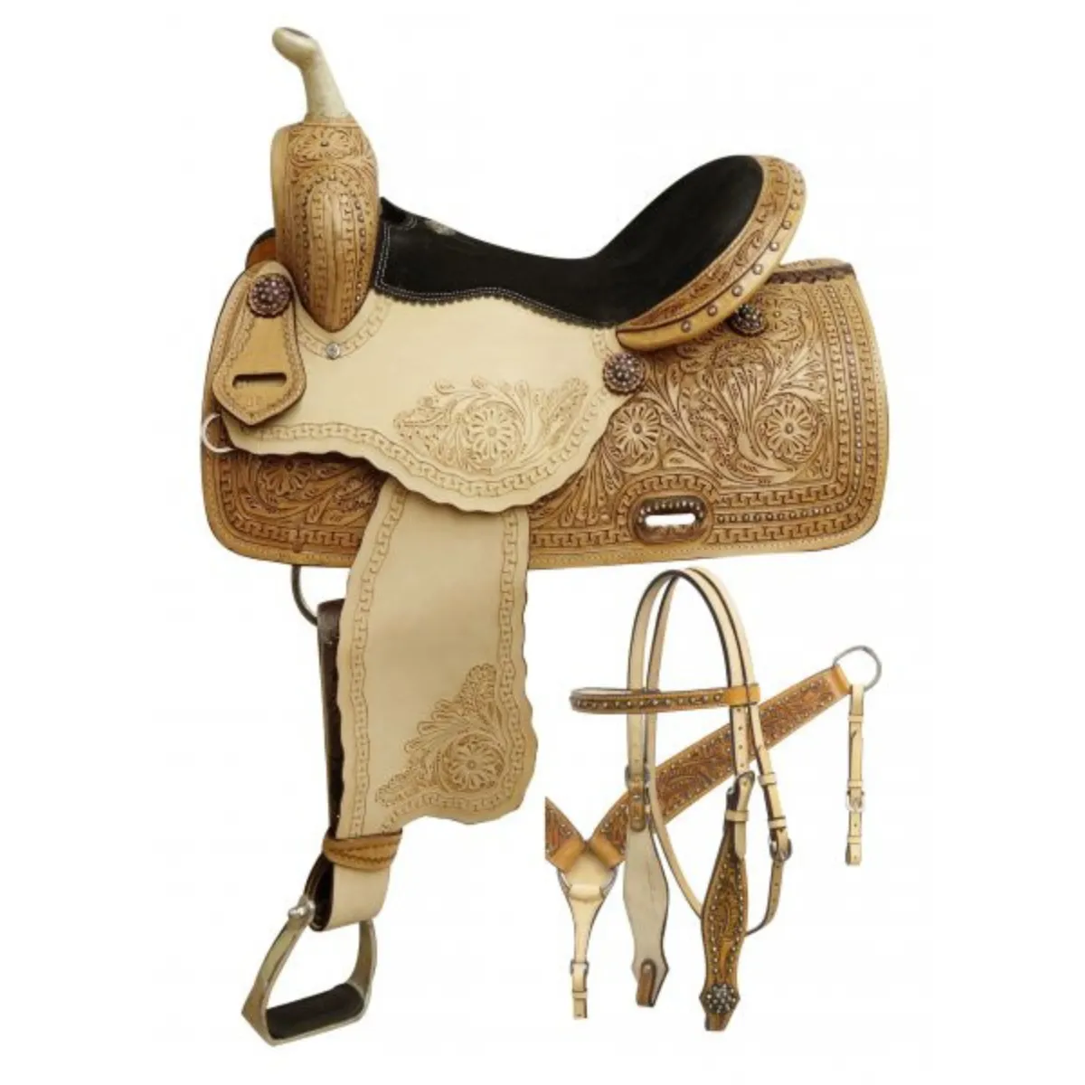 14", 15", 16" DOUBLE T BARREL STYLE SADDLE WITH RAINBOW CRYSTAL RHINESTONES
