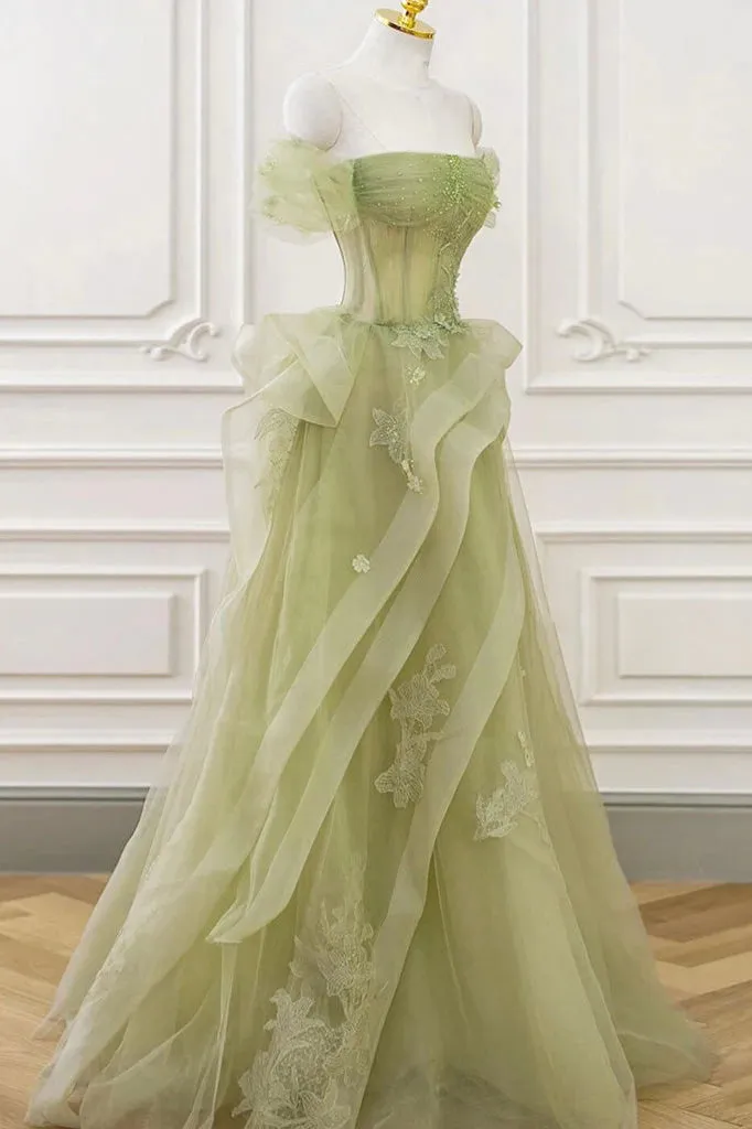 A-Line Green Off the Shoulder Tulle Lace Appliques Long Prom Dress, Formal Dress UQP0276