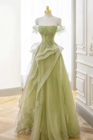 A-Line Green Off the Shoulder Tulle Lace Appliques Long Prom Dress, Formal Dress UQP0276