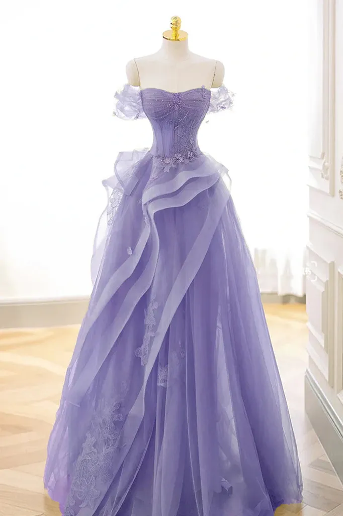 A-Line Green Off the Shoulder Tulle Lace Appliques Long Prom Dress, Formal Dress UQP0276