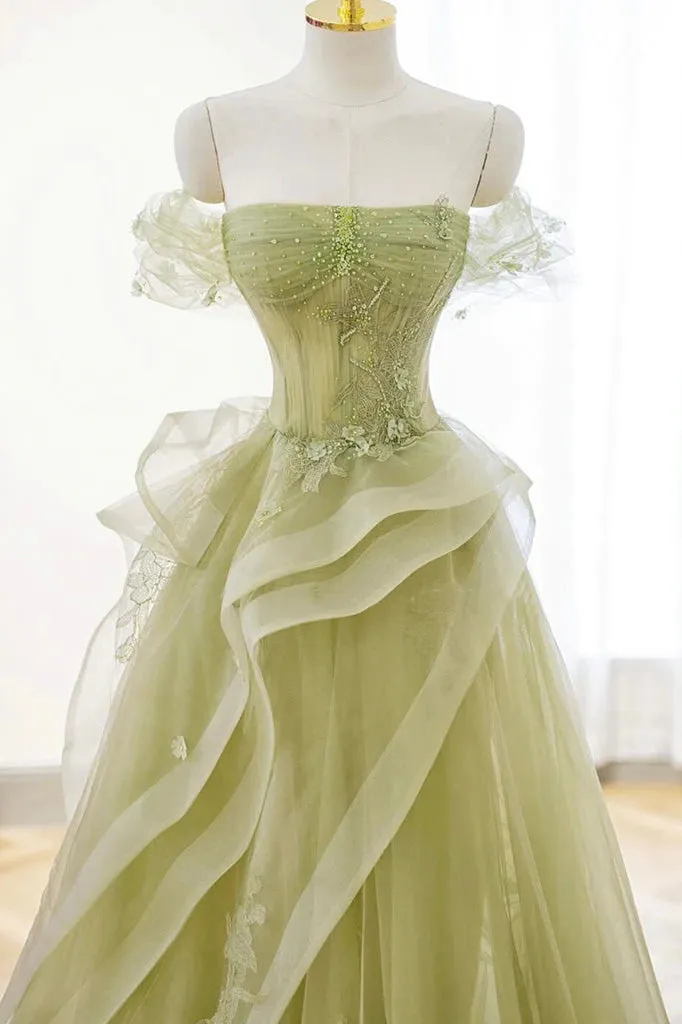A-Line Green Off the Shoulder Tulle Lace Appliques Long Prom Dress, Formal Dress UQP0276