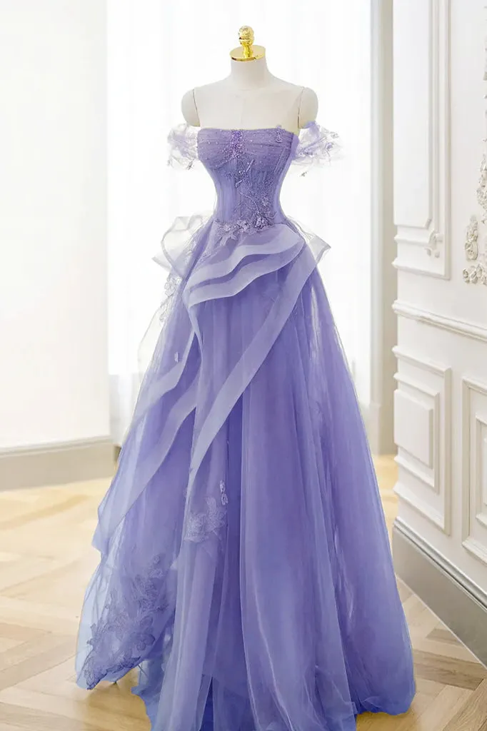 A-Line Green Off the Shoulder Tulle Lace Appliques Long Prom Dress, Formal Dress UQP0276