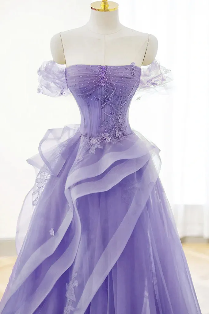 A-Line Green Off the Shoulder Tulle Lace Appliques Long Prom Dress, Formal Dress UQP0276