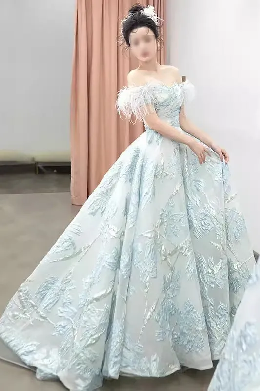 A Line Light Blue Off the Shoulder Puffy Prom Dress Long Quinceanera Dresses UQP0273