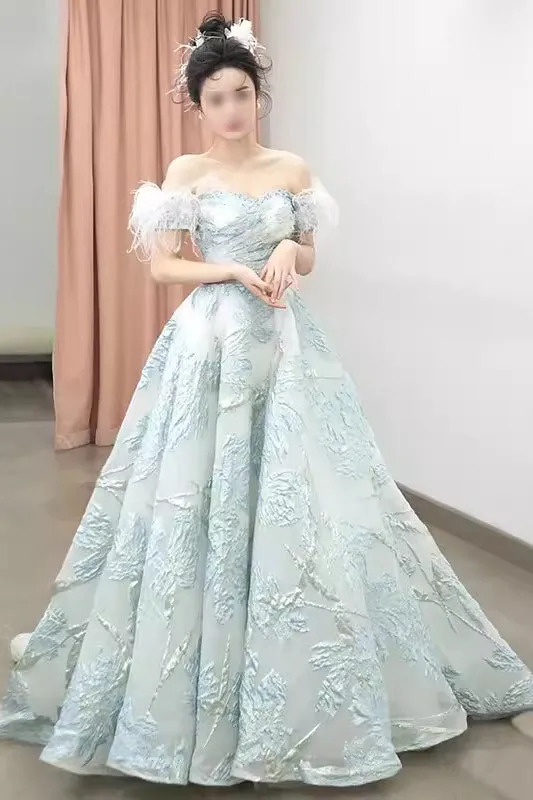 A Line Light Blue Off the Shoulder Puffy Prom Dress Long Quinceanera Dresses UQP0273