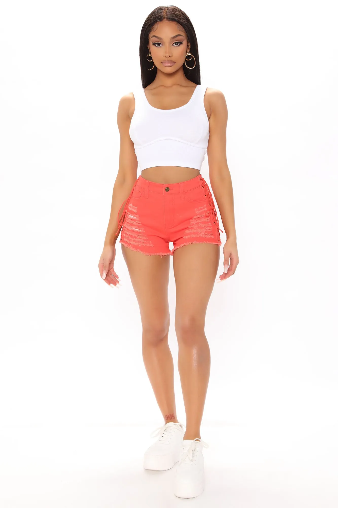 About Time To Lace Up Ripped Denim Shorts - Coral
