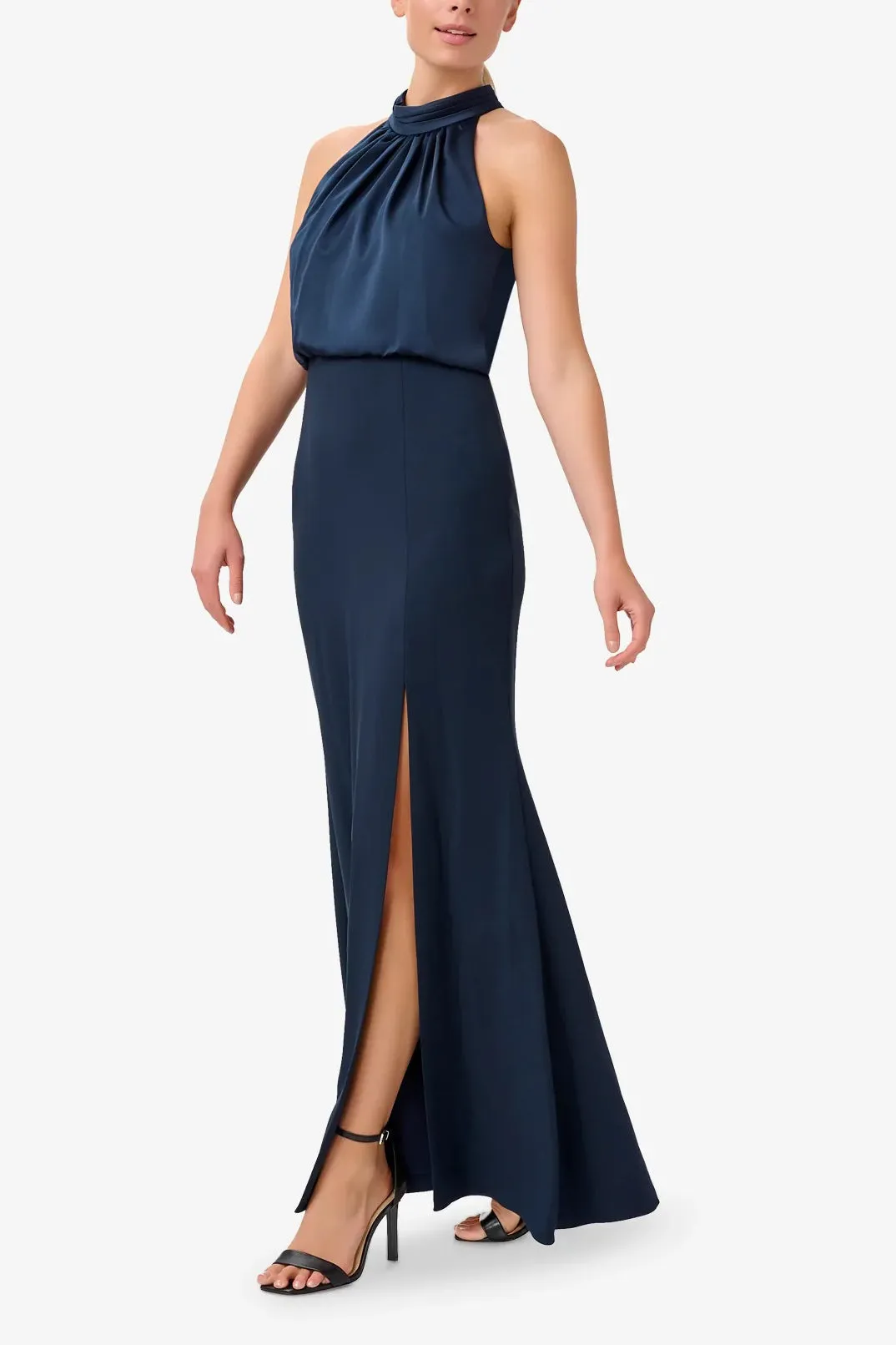 Adrianna Papell Halter Neck Sleeveless Back Zipper Sleeveless Side Slit Long Dress
