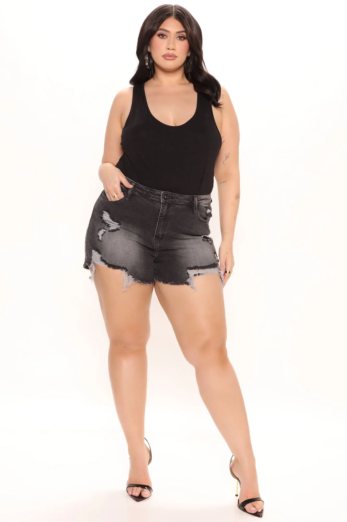All Shook Up Ripped Stretch Denim Shorts - Grey