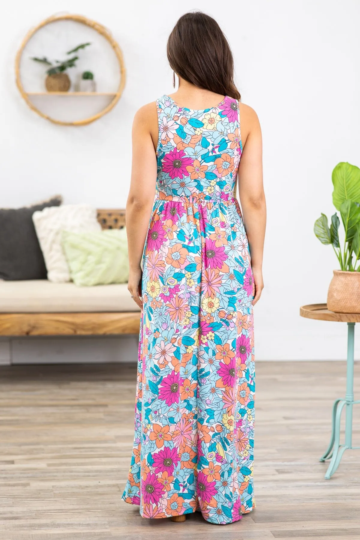 Aqua and Hot Pink Floral Print Maxi Dress