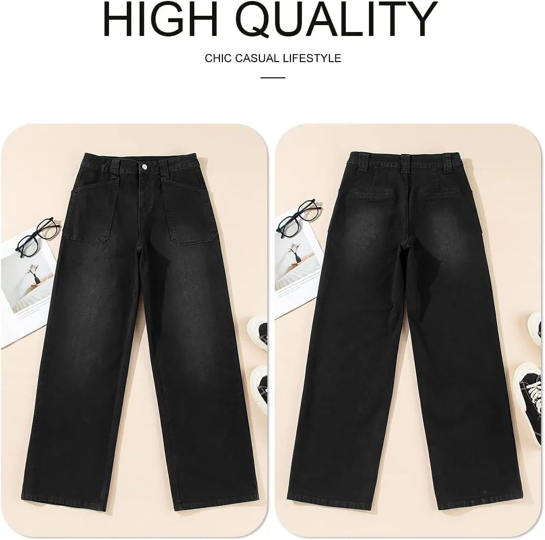 Astylish Women??s High Waisted Straight Leg Jeans Stretchy Wide Leg Jeans Trendy Denim Pants