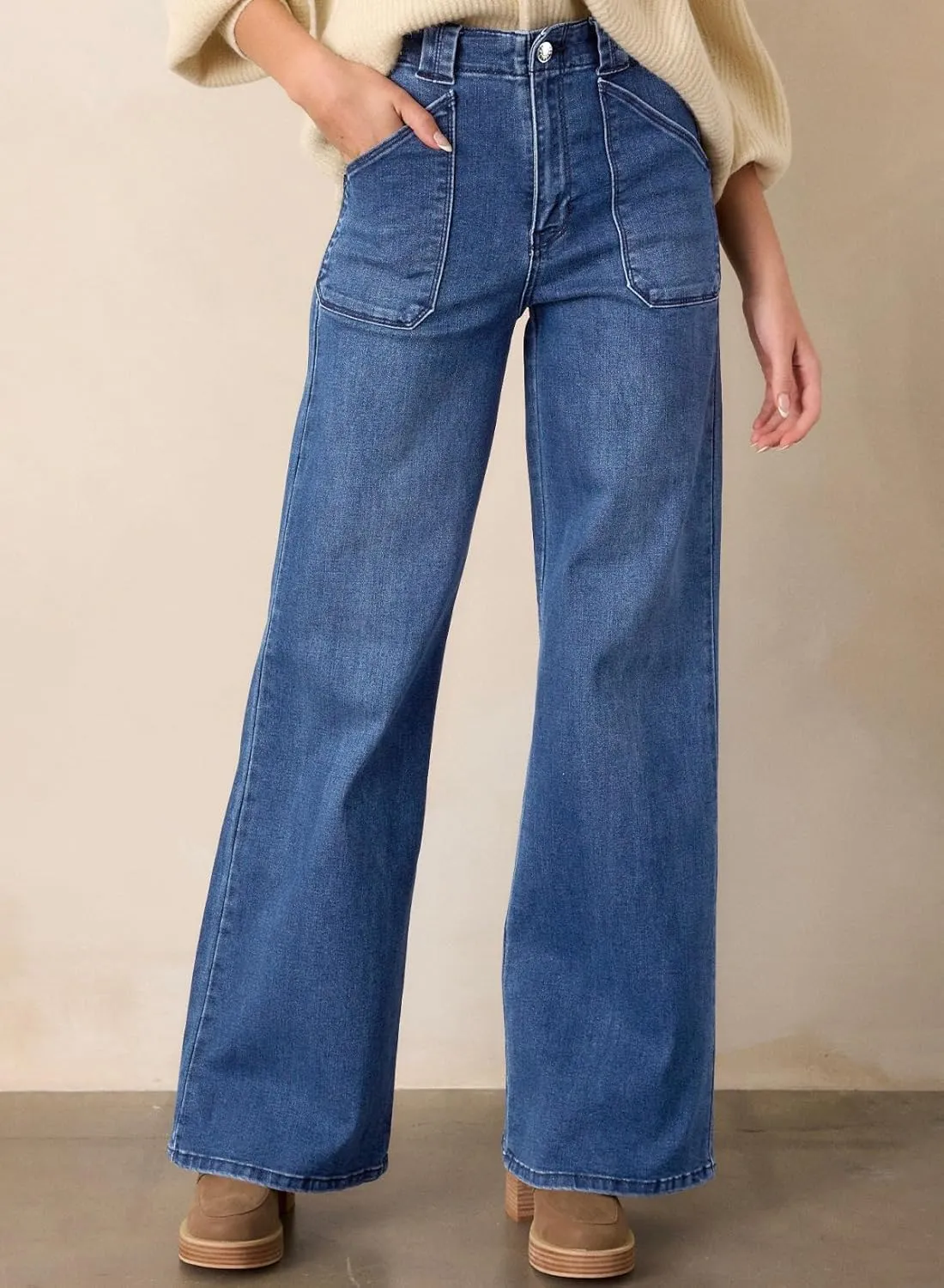 Astylish Women??s High Waisted Straight Leg Jeans Stretchy Wide Leg Jeans Trendy Denim Pants