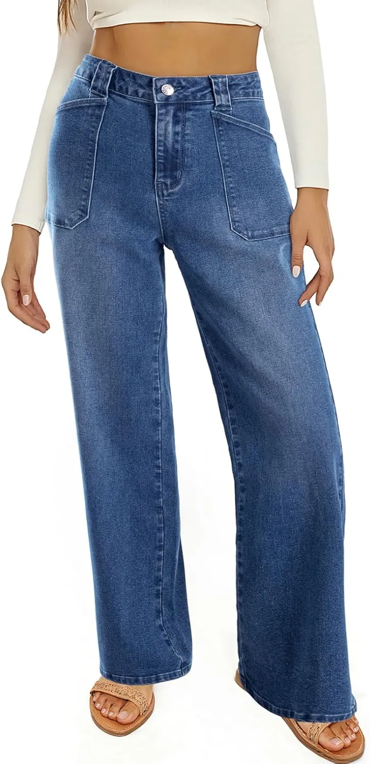 Astylish Women??s High Waisted Straight Leg Jeans Stretchy Wide Leg Jeans Trendy Denim Pants