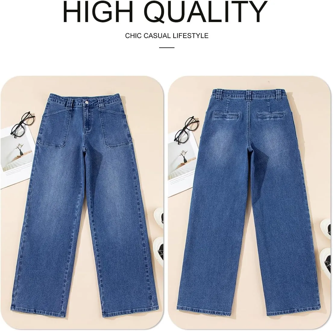 Astylish Women??s High Waisted Straight Leg Jeans Stretchy Wide Leg Jeans Trendy Denim Pants
