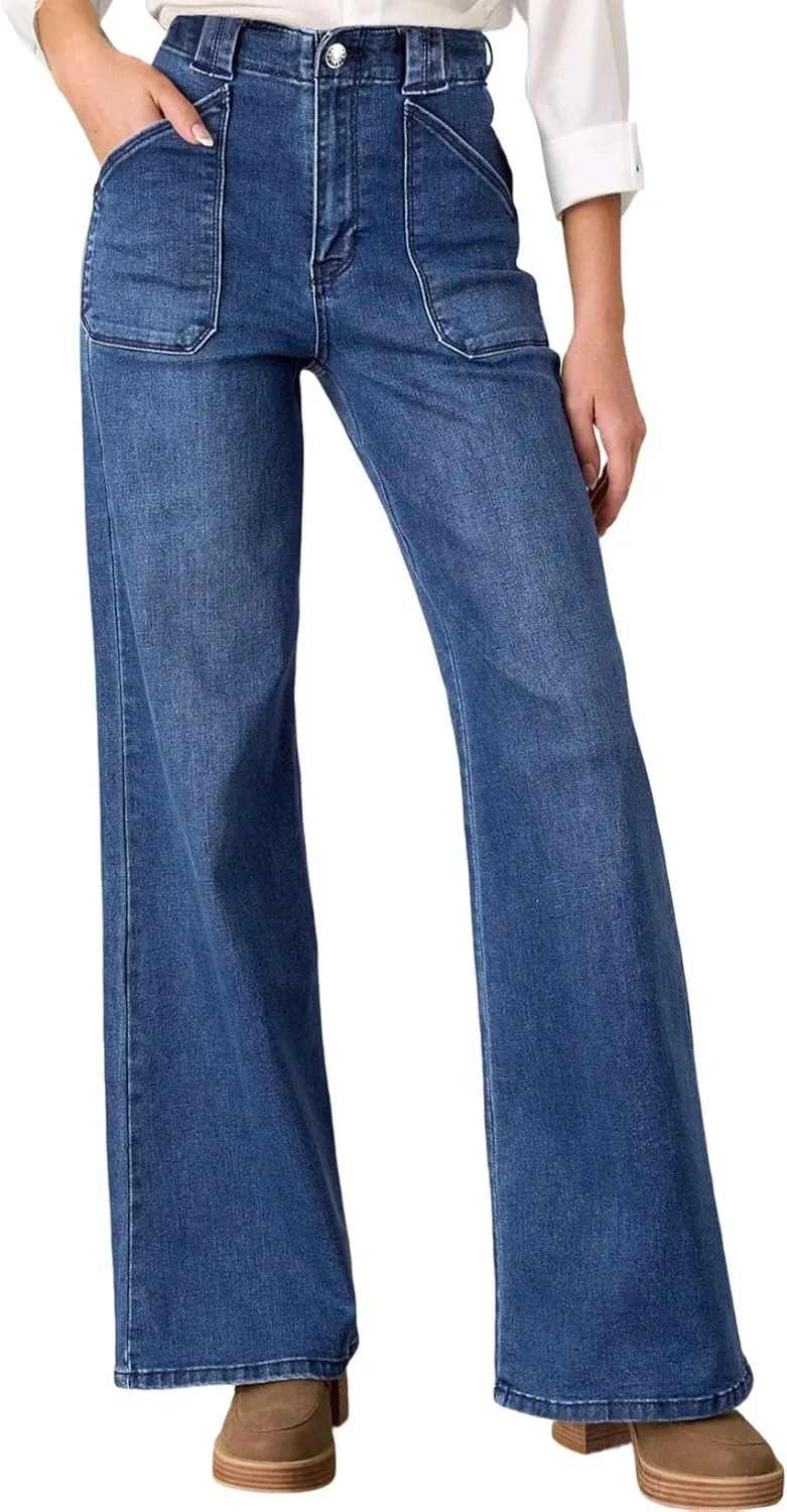 Astylish Women??s High Waisted Straight Leg Jeans Stretchy Wide Leg Jeans Trendy Denim Pants