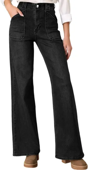 Astylish Women??s High Waisted Straight Leg Jeans Stretchy Wide Leg Jeans Trendy Denim Pants