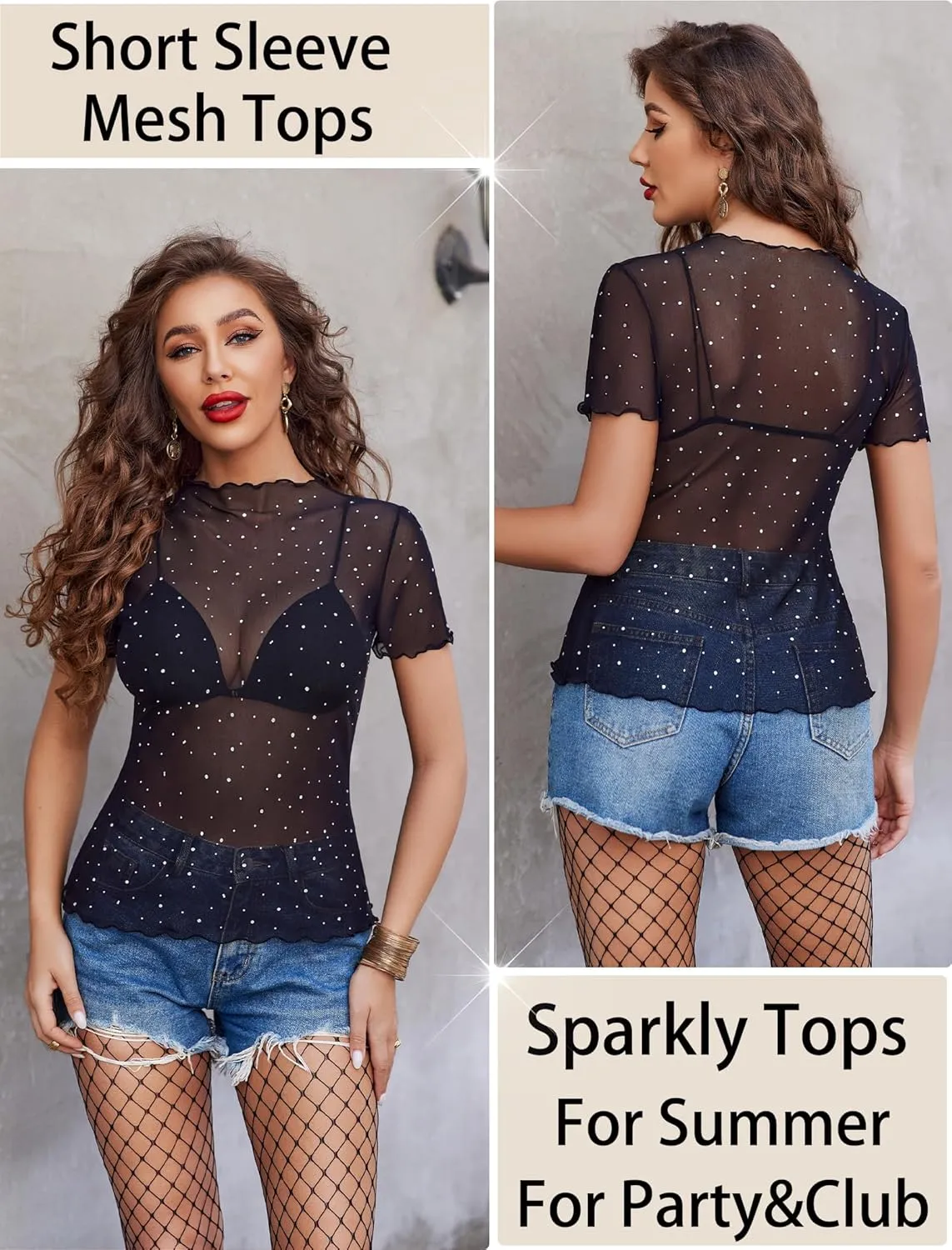 Avidlove Women Mesh Tops Short Sleeve Rhinestone Shirts Sheer Blouse Sexy Going Out Tops Sparkly Party Tops Summer