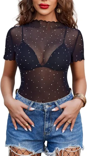 Avidlove Women Mesh Tops Short Sleeve Rhinestone Shirts Sheer Blouse Sexy Going Out Tops Sparkly Party Tops Summer