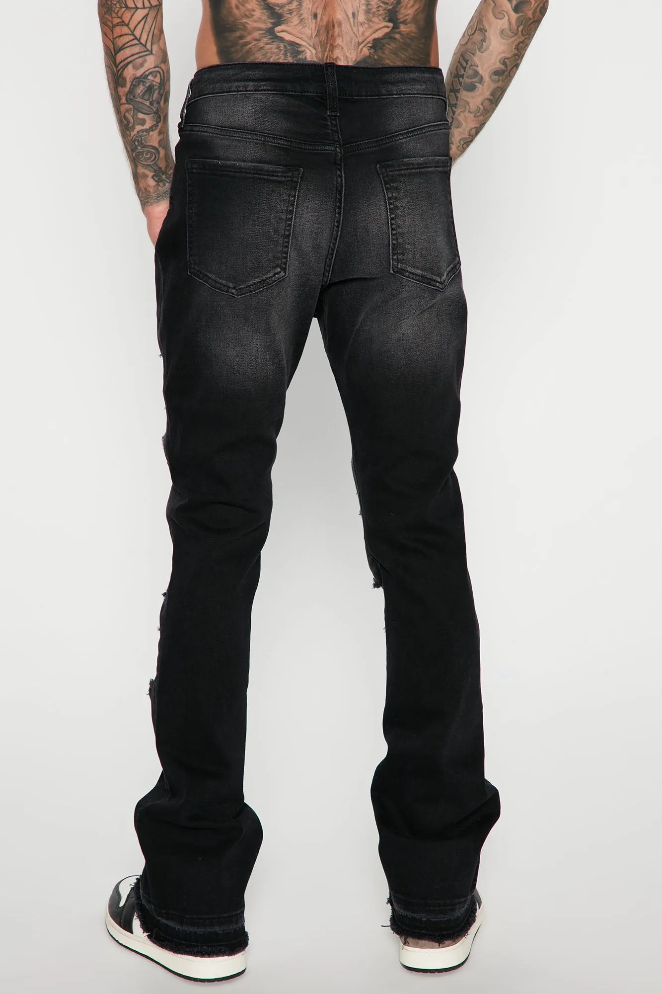 Back Me Up Ripped Stacked Skinny Flared Jeans - Black Wash