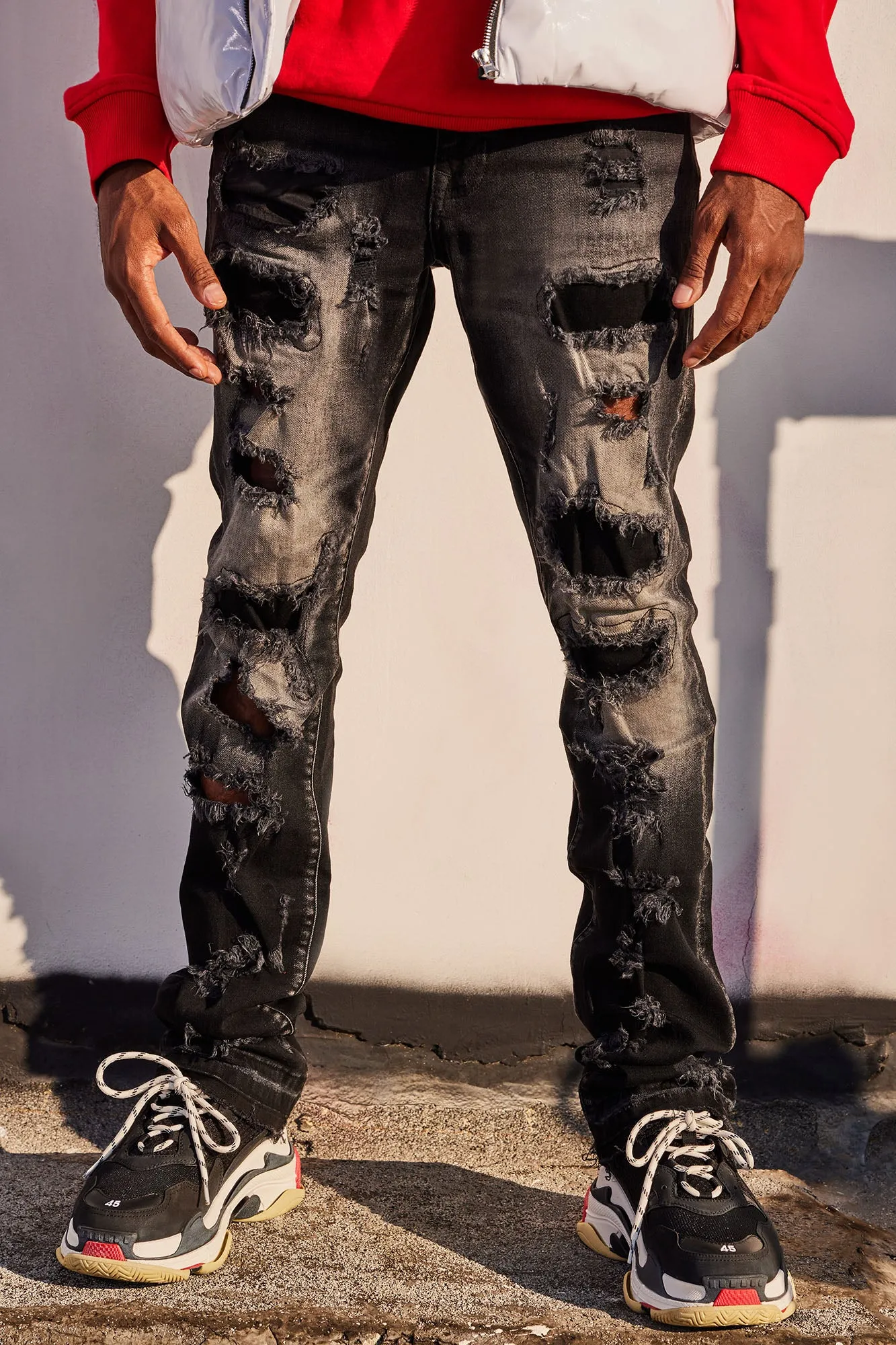 Back Me Up Ripped Stacked Skinny Flared Jeans - Black Wash