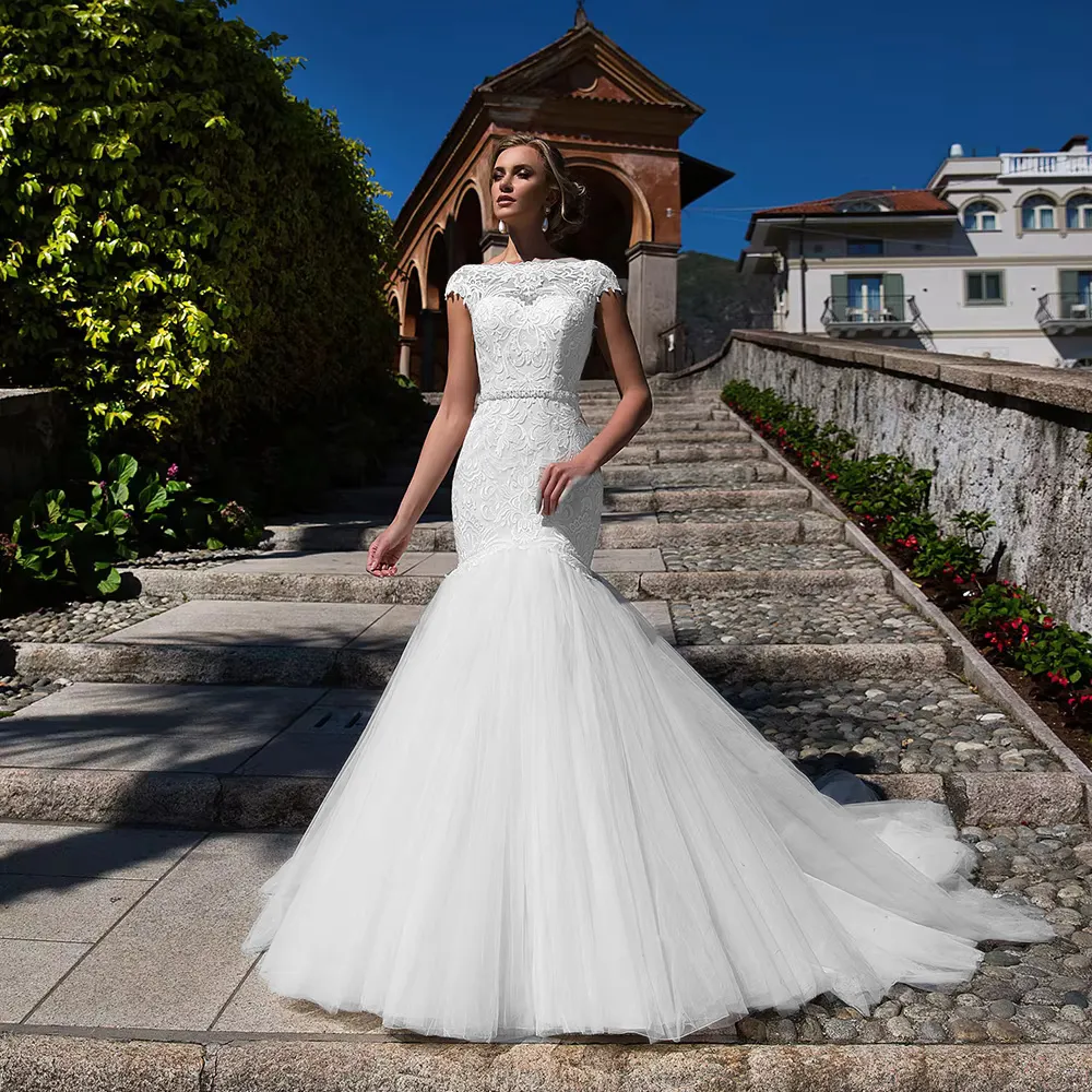 Backless Mermaid Wedding Dress with Crystal Beading Waist Vintage Cap Sleeve