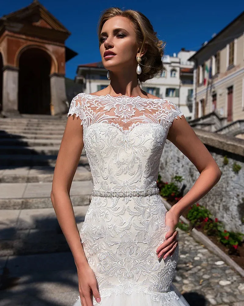 Backless Mermaid Wedding Dress with Crystal Beading Waist Vintage Cap Sleeve