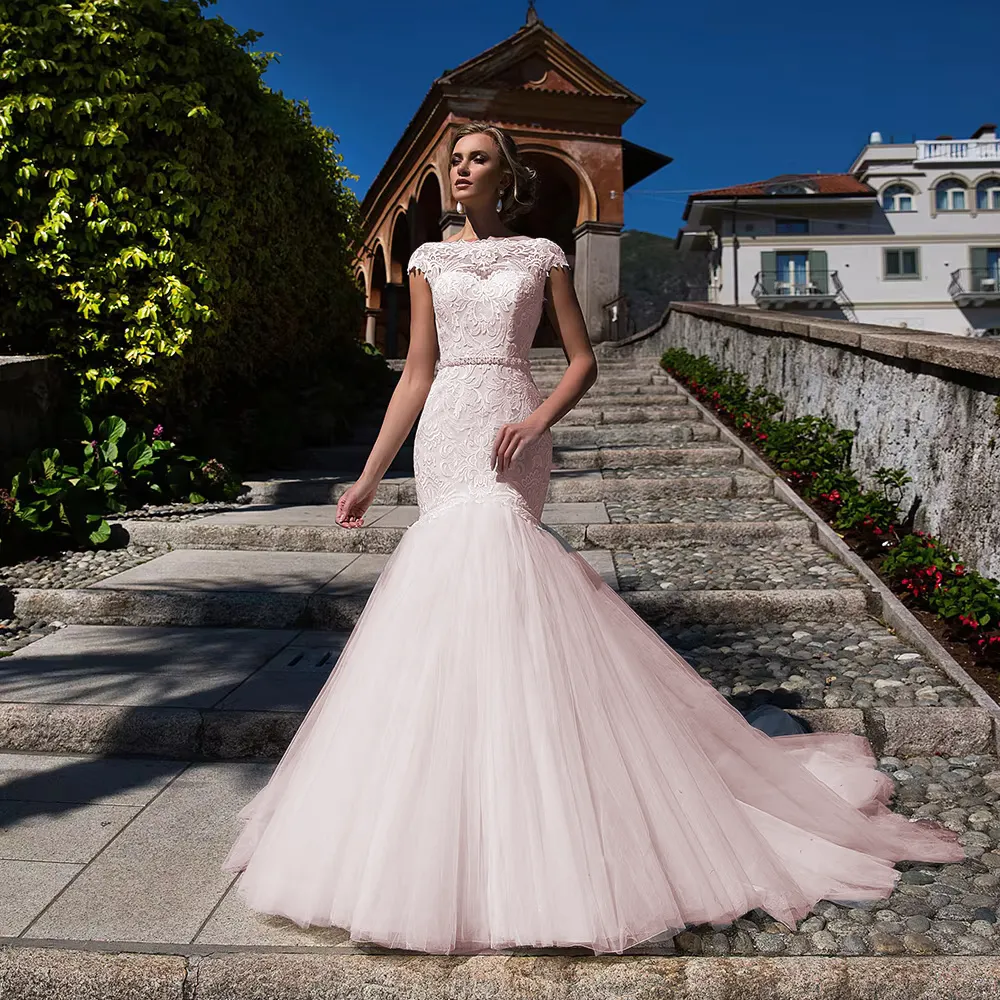 Backless Mermaid Wedding Dress with Crystal Beading Waist Vintage Cap Sleeve