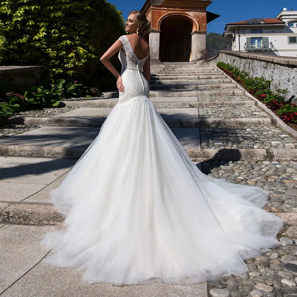 Backless Mermaid Wedding Dress with Crystal Beading Waist Vintage Cap Sleeve