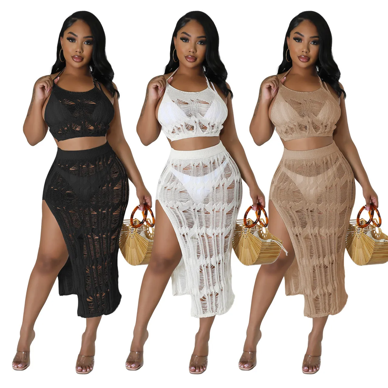 Beach vest, woolen half skirt, slit sexy set AY2765