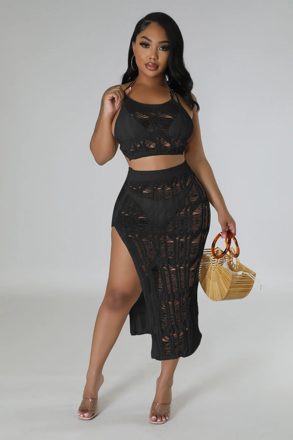 Beach vest, woolen half skirt, slit sexy set AY2765