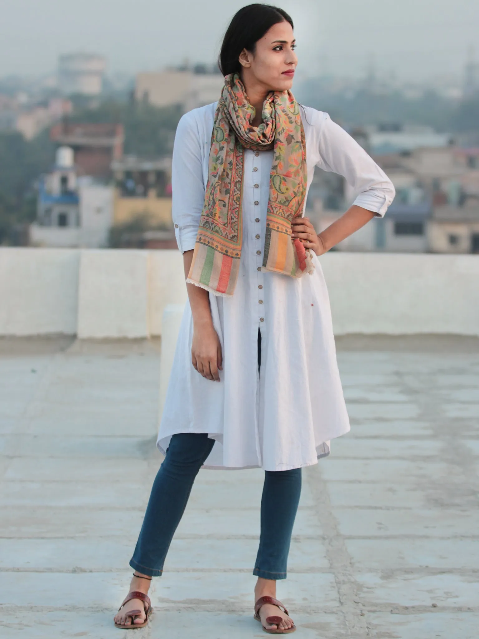 Beige Multicolor Kani Jamawari Pure Cashmere Wool Stole - S200541