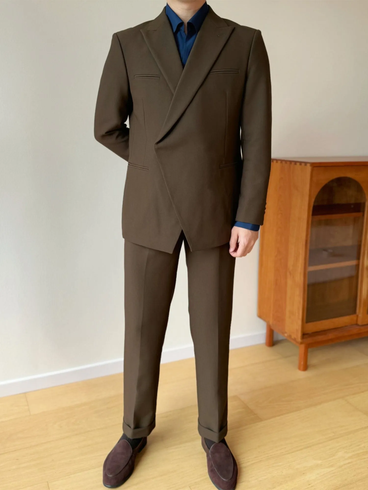 Black 2 piece Casual Slim Fit Peak Lapel Solid Color Men's Suit (Blazer Pants)