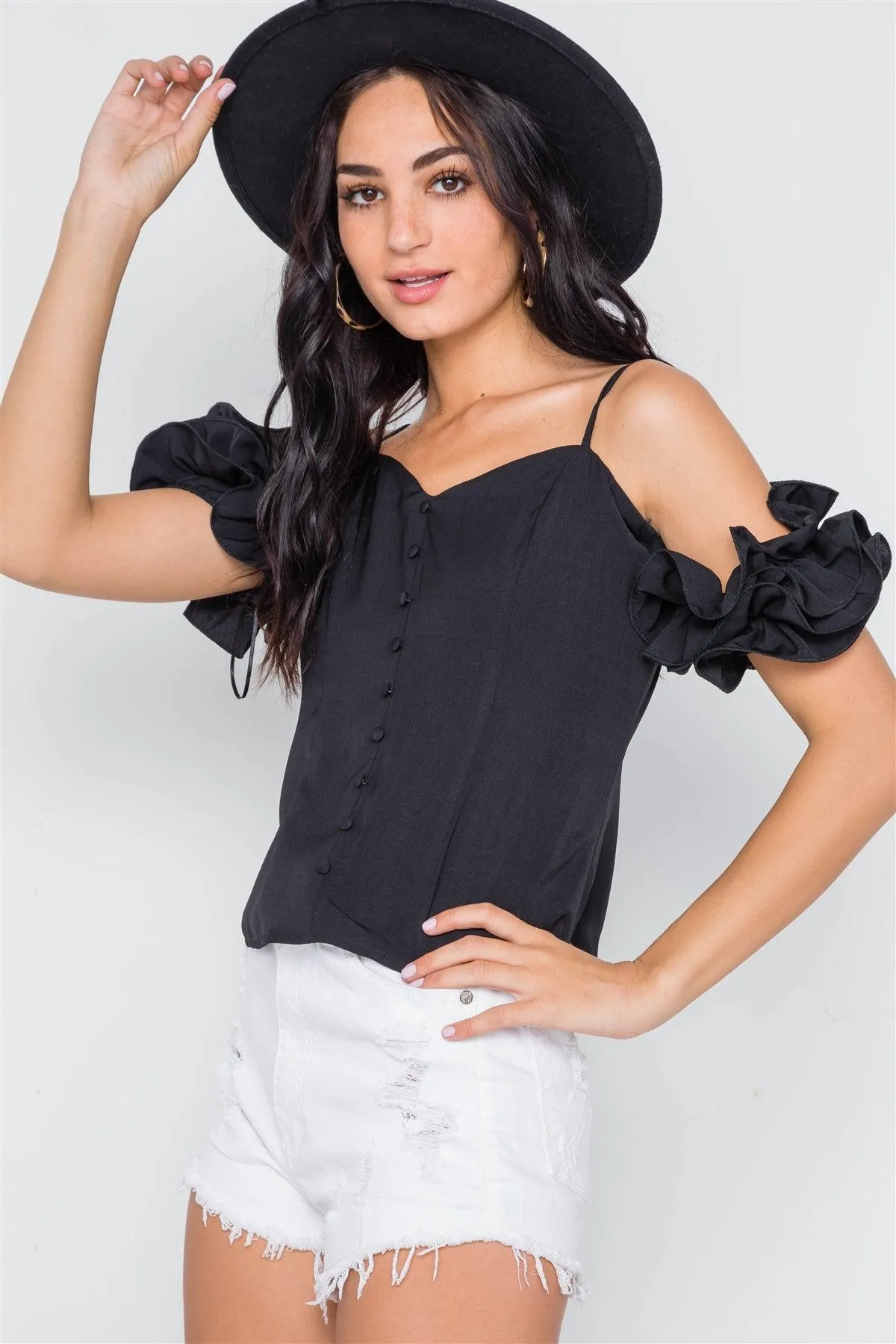 Black Cami Cold Shoulder Ruffle Sleeves Top