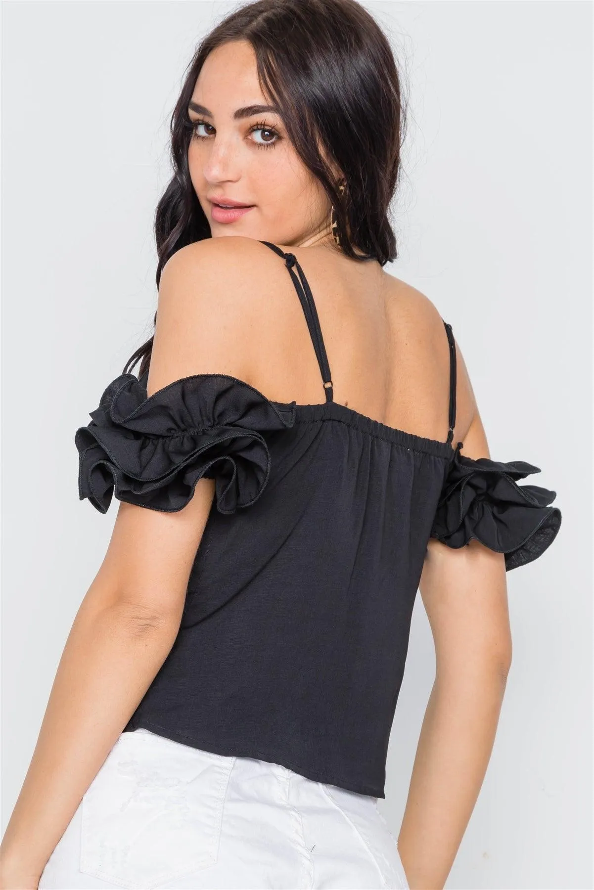 Black Cami Cold Shoulder Ruffle Sleeves Top