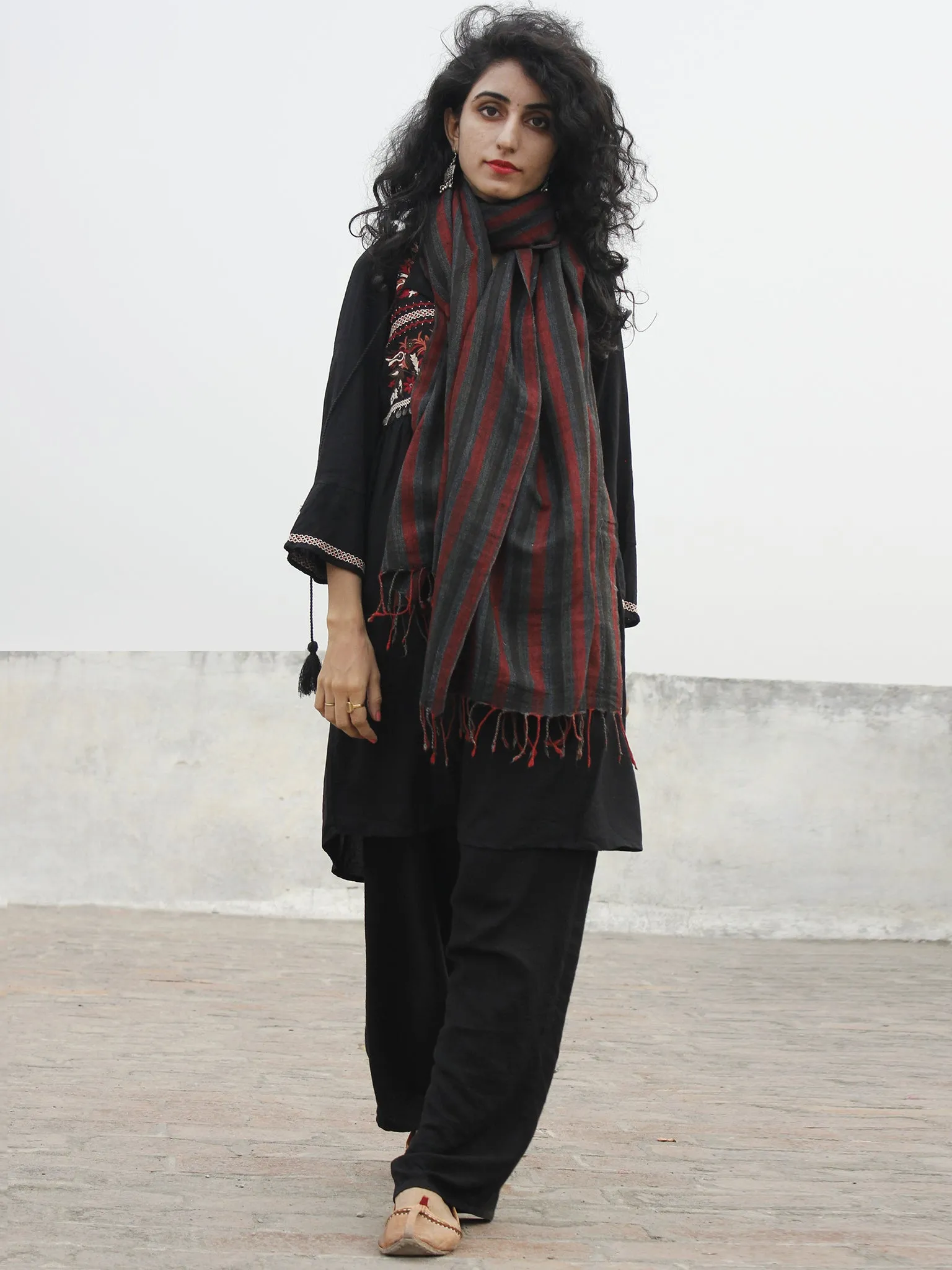 Black Grey Maroon Striped Cashmere Fine Woolen Stole - S6317198