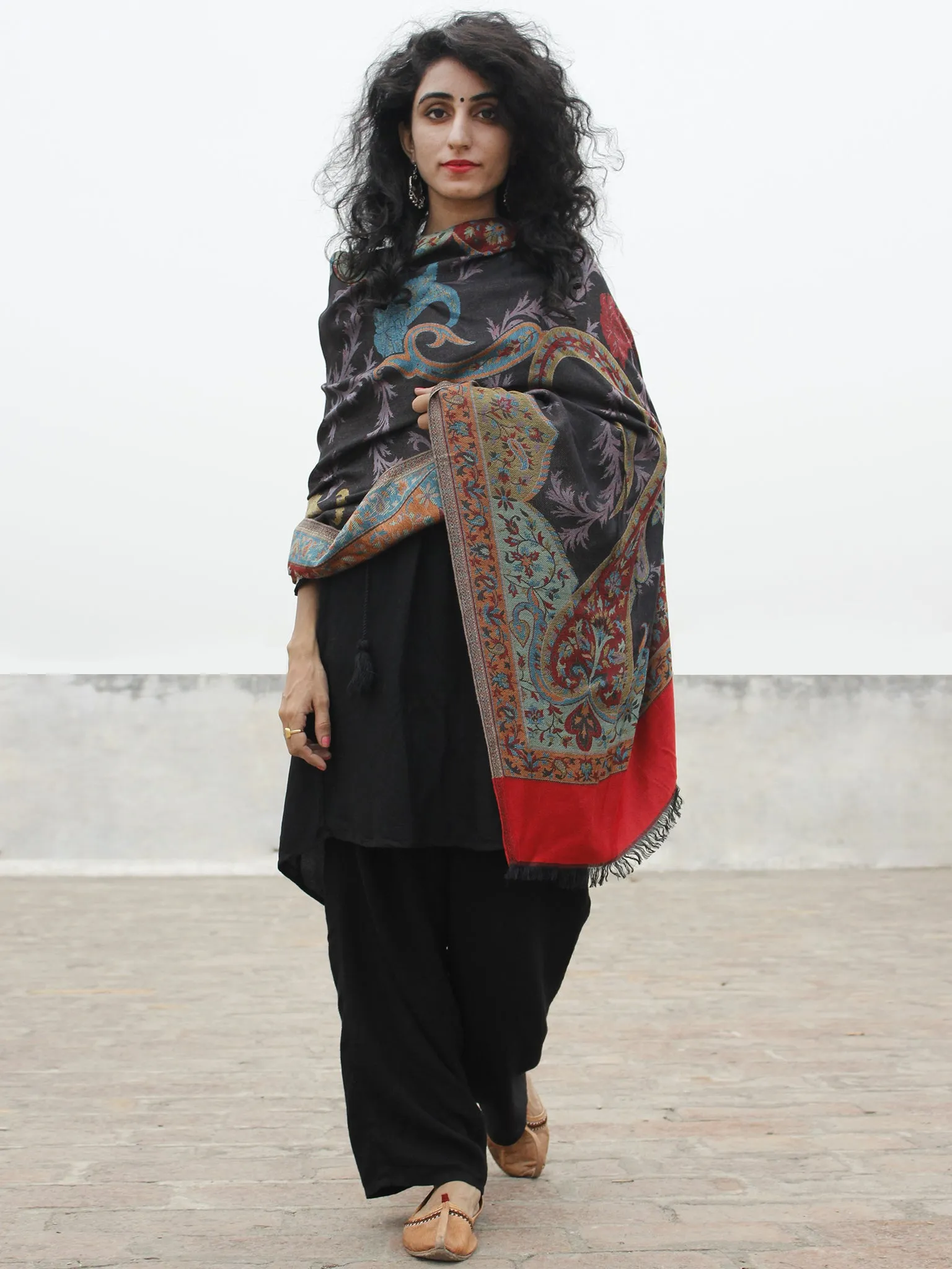 Black Maroon Green Blue Red Cashmere Jamawar Woven Modal Silk Stole - S6317182