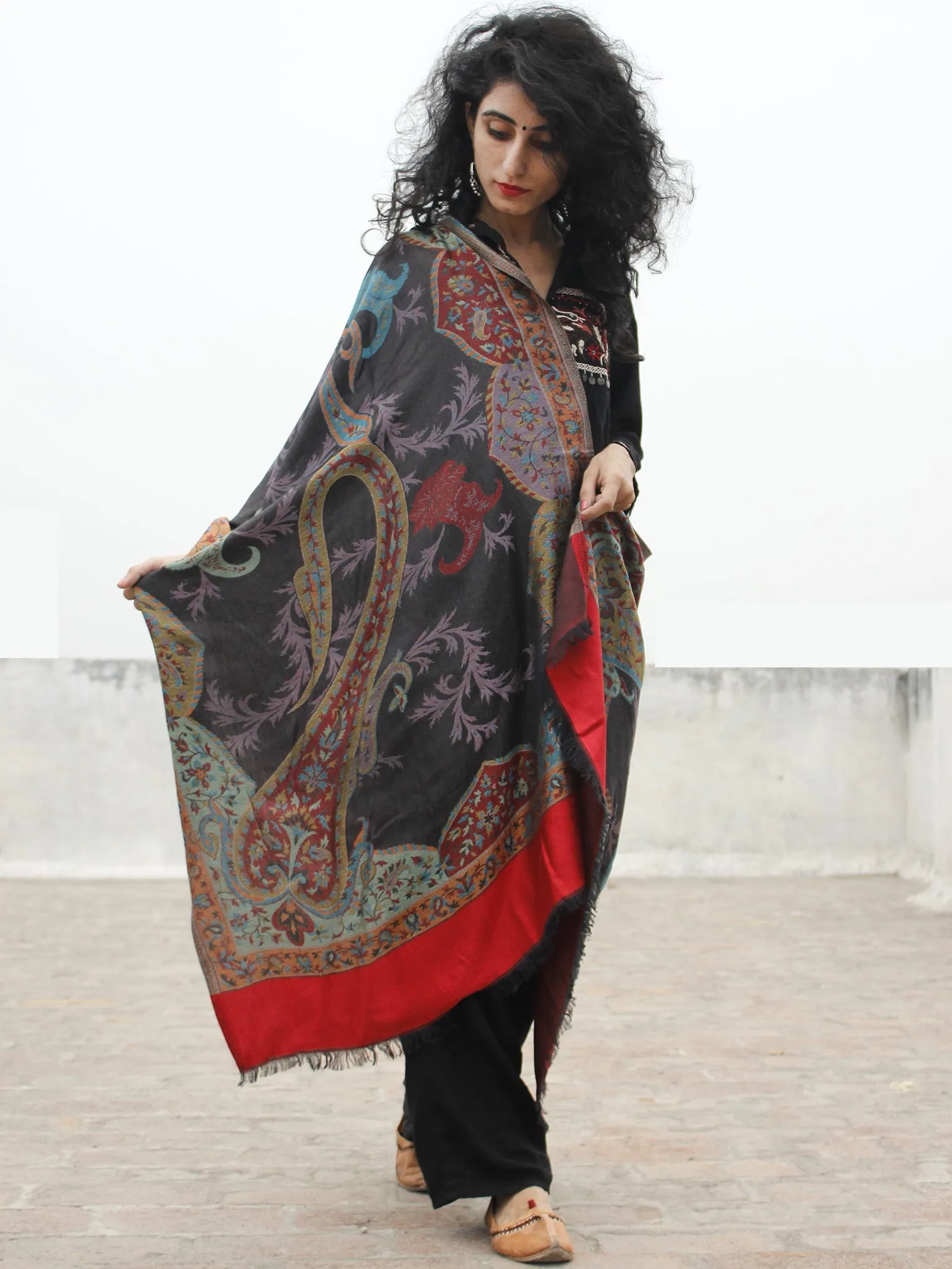 Black Maroon Green Blue Red Cashmere Jamawar Woven Modal Silk Stole - S6317182