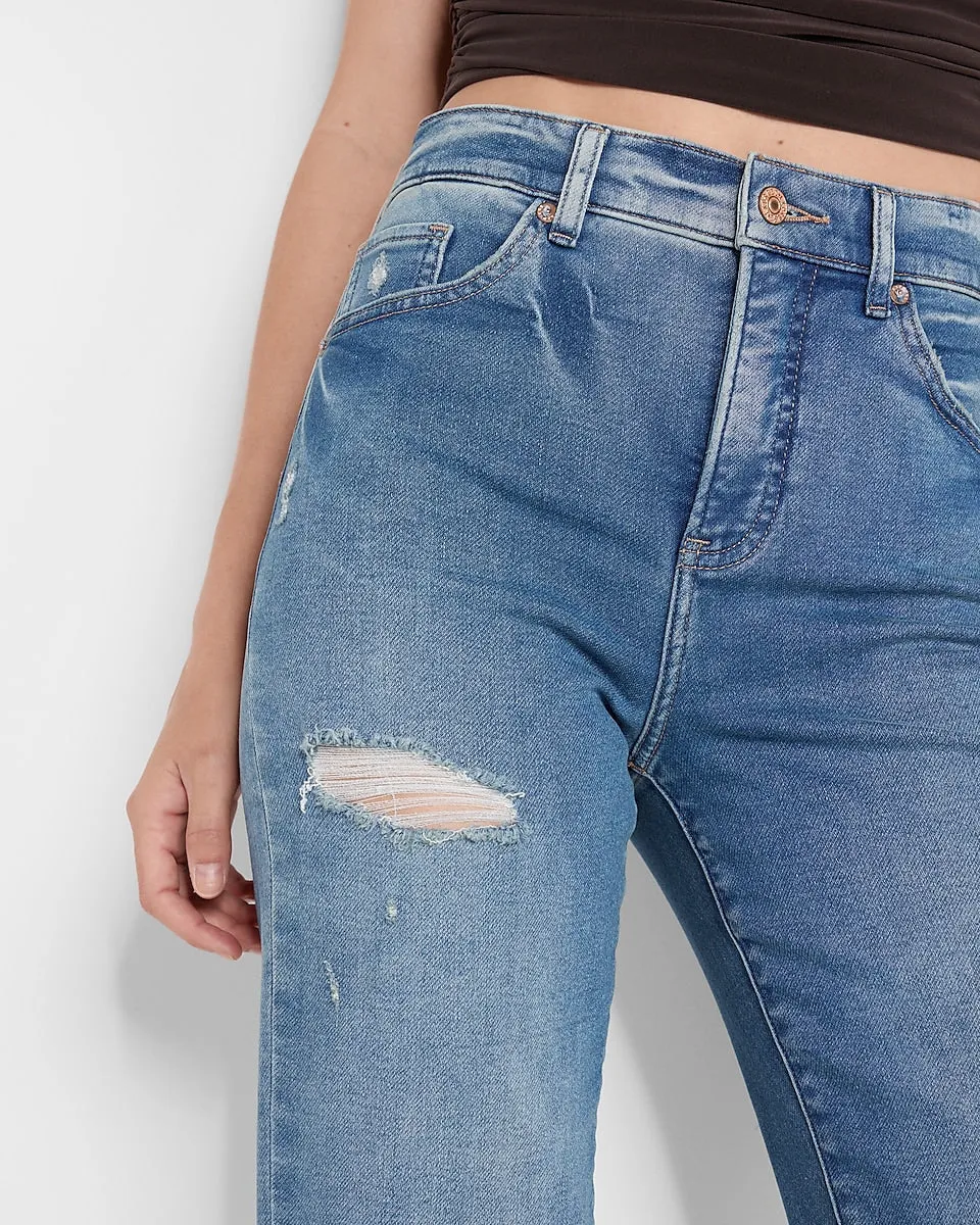 Conscious Edit High Waisted Distressed Straight Ankle Jeans in Dark Wash