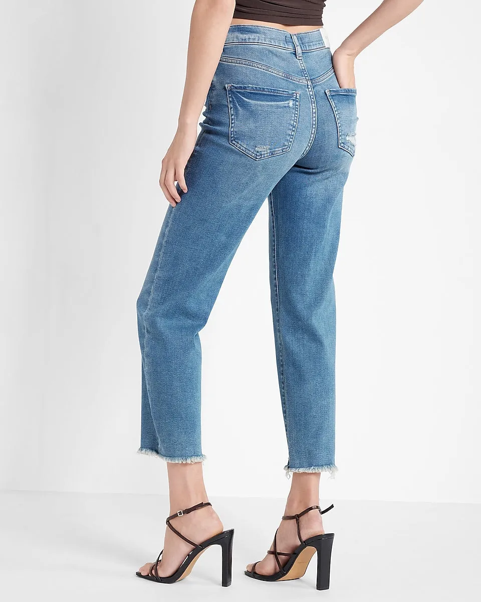 Conscious Edit High Waisted Distressed Straight Ankle Jeans in Dark Wash