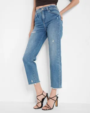 Conscious Edit High Waisted Distressed Straight Ankle Jeans in Dark Wash