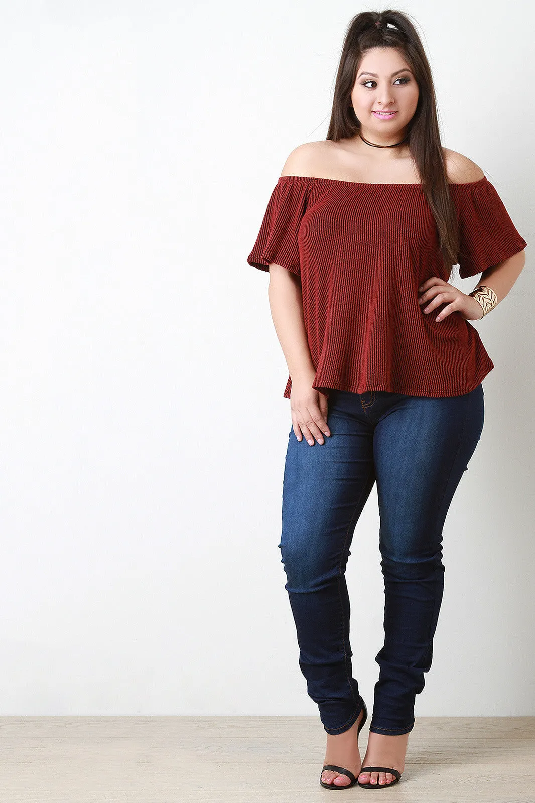 Contrast Rib Knit Off The Shoulder Top