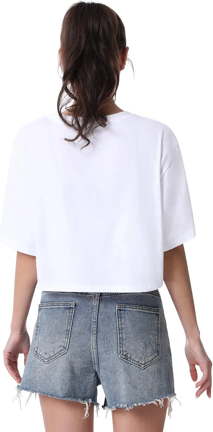 Cosy Pyro 4-Pack Women's Cotton Crop T-Shirts Short Sleeve Solid Cropped Athletic Top Round Neck Casual Workout Yoga Tees