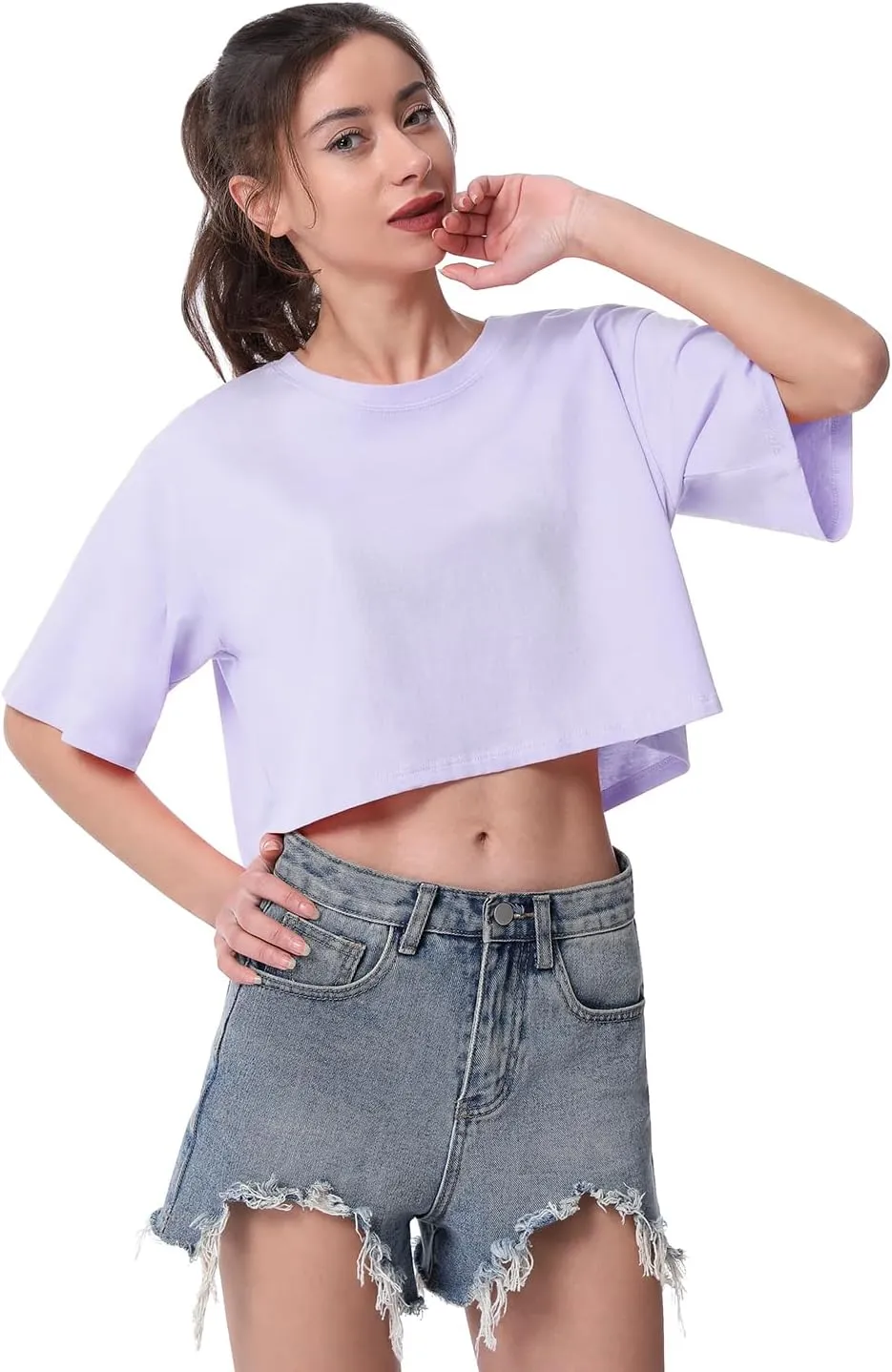 Cosy Pyro 4-Pack Women's Cotton Crop T-Shirts Short Sleeve Solid Cropped Athletic Top Round Neck Casual Workout Yoga Tees