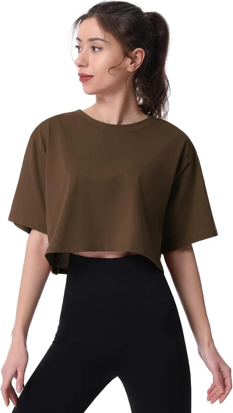 Cosy Pyro 4-Pack Women's Cotton Crop T-Shirts Short Sleeve Solid Cropped Athletic Top Round Neck Casual Workout Yoga Tees