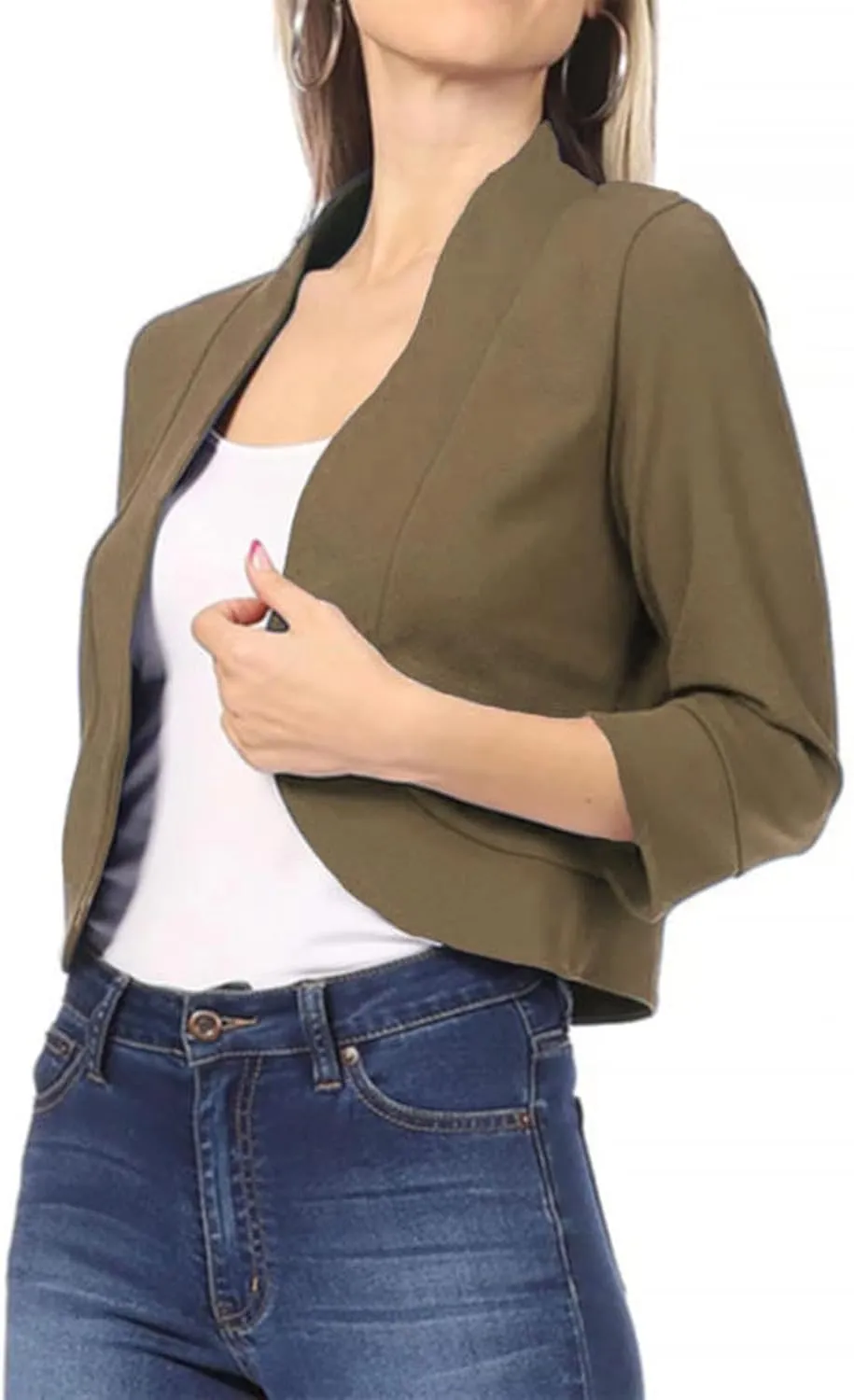 Cropped Blazer for Womens Open Front Work Office Cardigan Suit 3/4 Sleeve Solid Jacket Shrug Casual Business Blazers