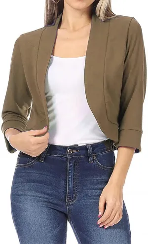 Cropped Blazer for Womens Open Front Work Office Cardigan Suit 3/4 Sleeve Solid Jacket Shrug Casual Business Blazers