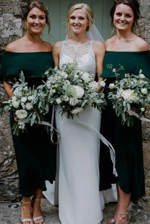 Dark Green Ankle Length Off Shoulder Bridesmaid Dresses, Chiffon Bridesmaid Dress UQ2386